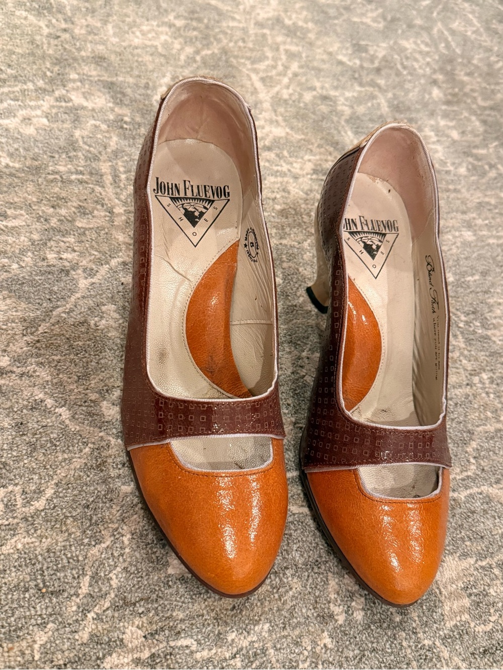 John Fluevog Brown and Orange Glossy Leather Mary Jane Heels